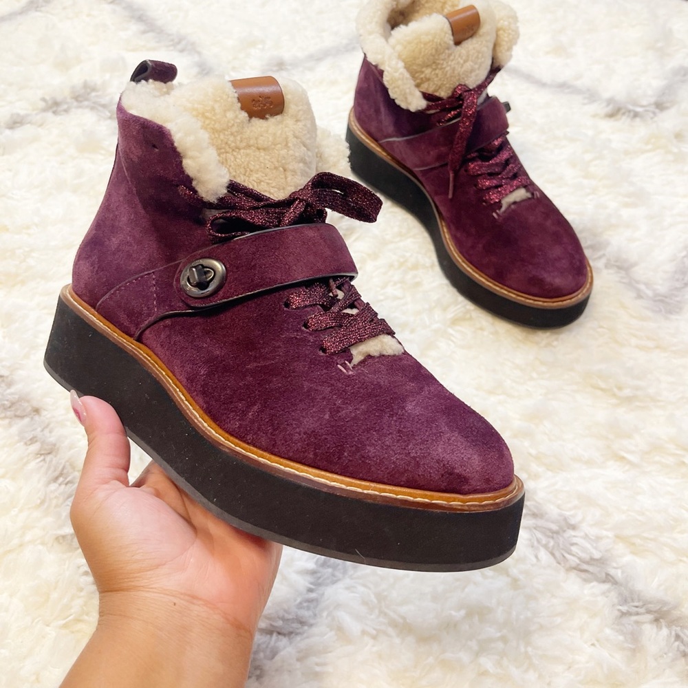 Coach Urban Hiker Boots Ankle Purple Suede Shearling size 7.5